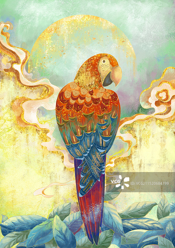 鹦鹉动物国潮风复古国风祥云太阳插画原创图片素材