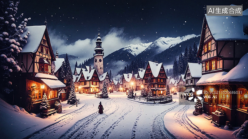 【AI数字艺术】冬夜小镇雪景图图片素材