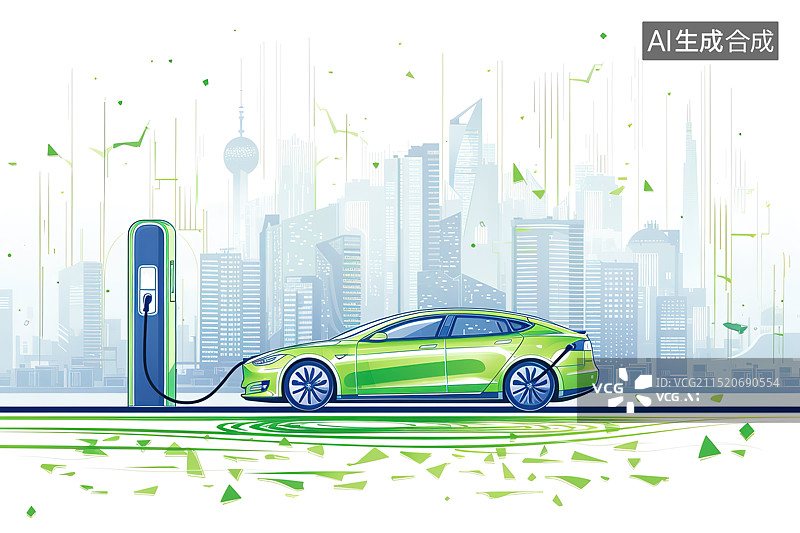 【AI数字艺术】城市背景下新能源电动汽车充电插图图片素材