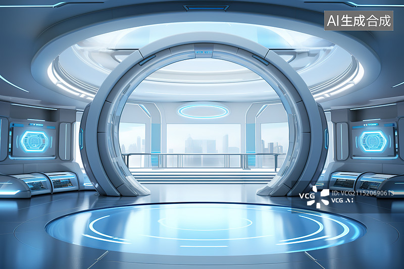 【AI数字艺术】蓝色科幻空间太空仓内部图片素材