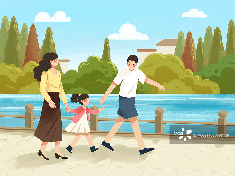 一家人河边散步图片素材