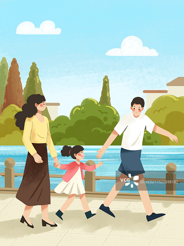 一家人河边散步图片素材