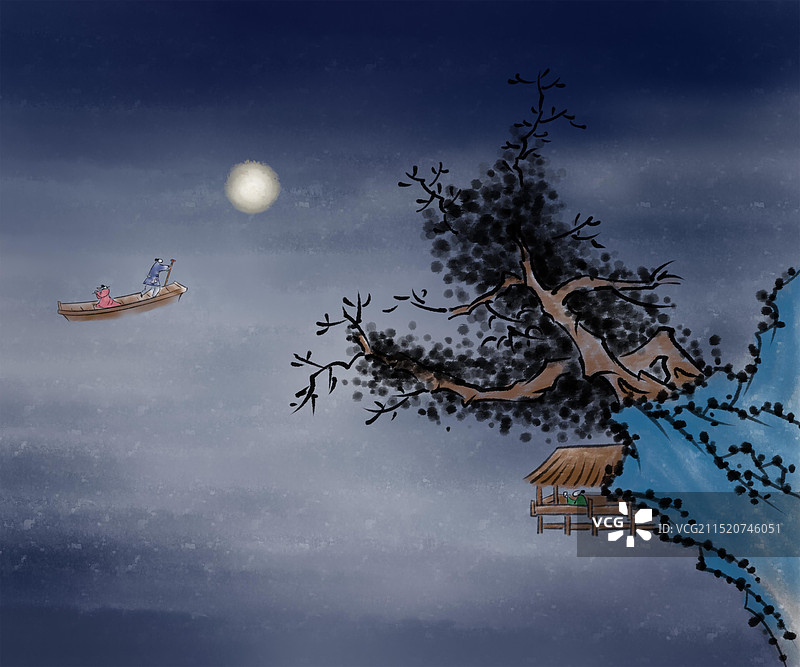 唯美水墨手绘插画月夜泛舟图片素材