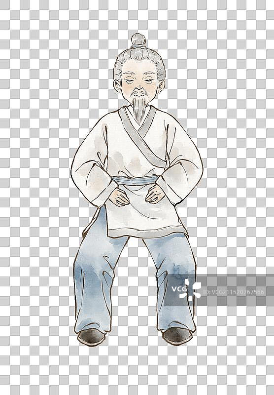 传统文化八段锦中医养生保健操老爷爷做操锻炼—国画古风水墨国风元素图片素材