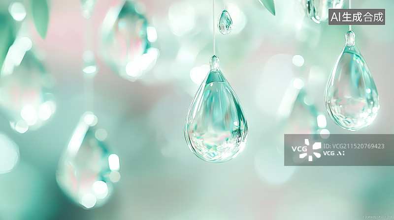 【AI数字艺术】悬挂的玻璃水滴艺术装置图片素材