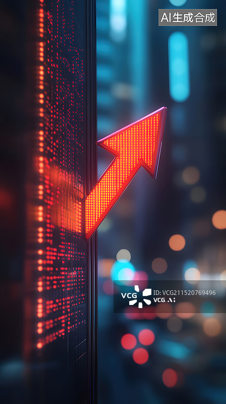 【AI数字艺术】红色向上的箭头与城市金融区CBD背景，股票投资概念背景图图片素材