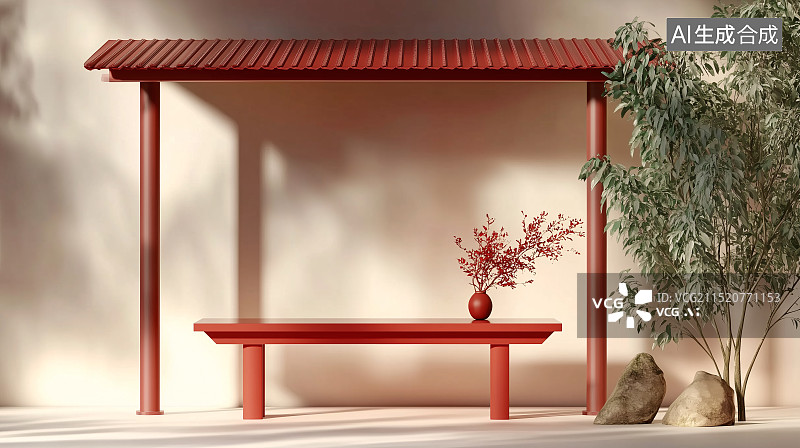 【AI数字艺术】红色极简建筑与绿植图片素材