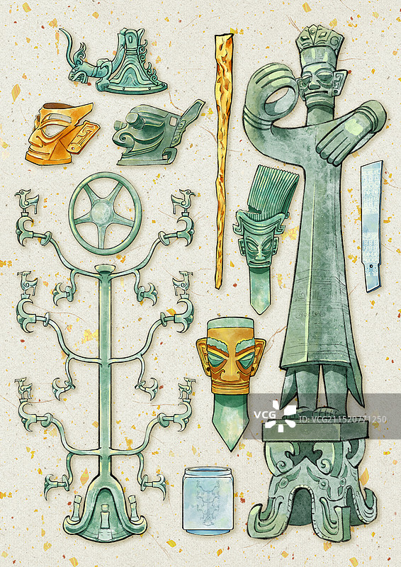 巴蜀古文明四川成都德阳广汉文化旅游三星堆国宝文物插画，多种物品与必看藏品。图片素材