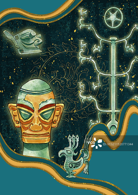 巴蜀古文明四川成都德阳广汉文化旅游三星堆国宝文物插画，多种物品与必看藏品。图片素材