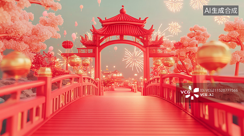 【AI数字艺术】国风红色喜庆中式建筑图片素材