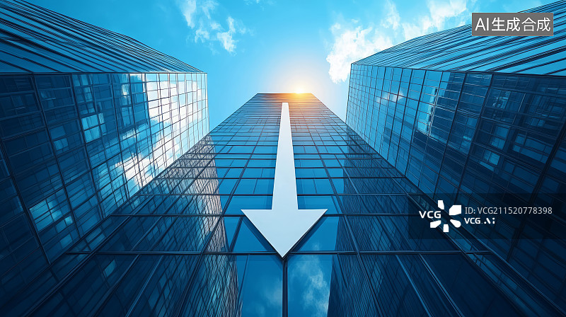 【AI数字艺术】商业建筑和向下的箭头符号，房价下跌走势概念图片素材