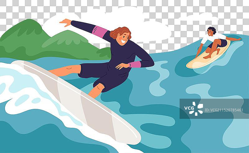 在海滩上放松的卡通冲浪者图片素材