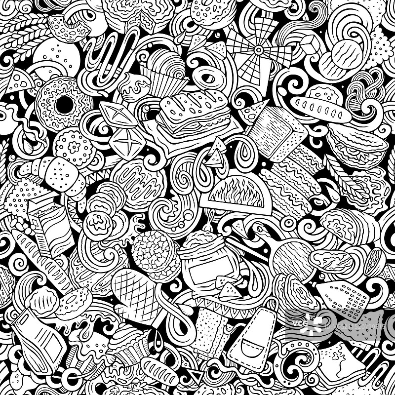 卡通涂鸦面包店无缝图案图片素材