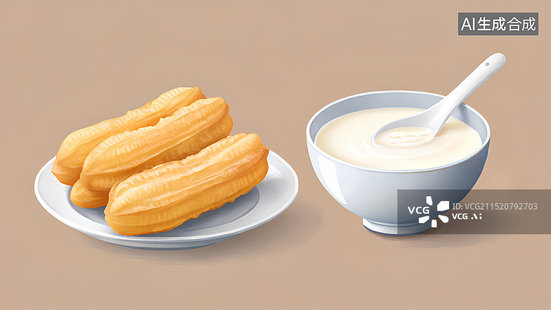 【AI数字艺术】中国风手绘插画，豆浆油条，早餐，中国传统小吃，美食图片素材
