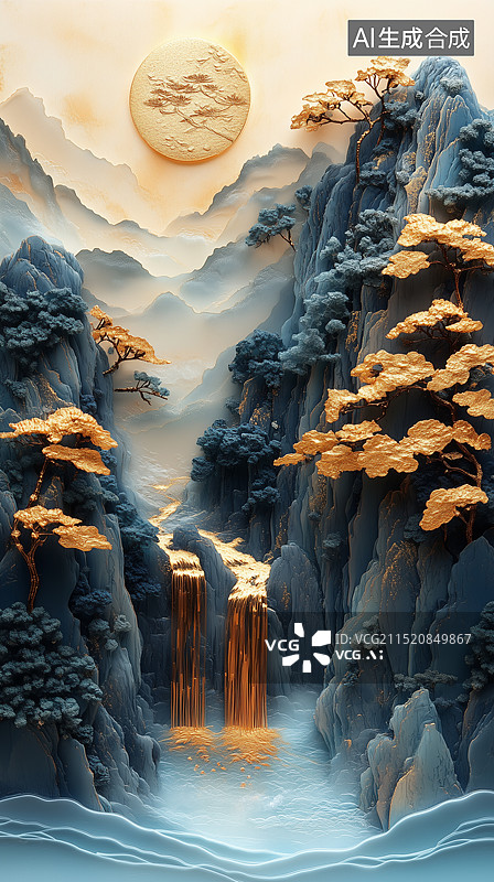 【AI数字艺术】中国风抽象时尚现代山水画图片素材