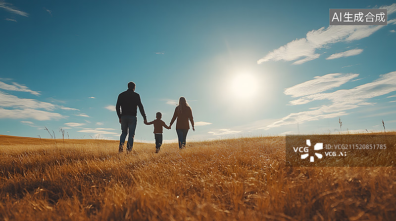 【AI数字艺术】幸福的三口之家在草原上的背影图片素材