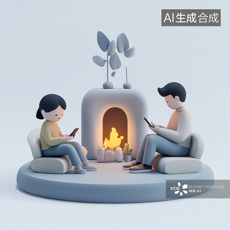 【AI数字艺术】在火炉看书思考中的年轻人3D插画图片素材