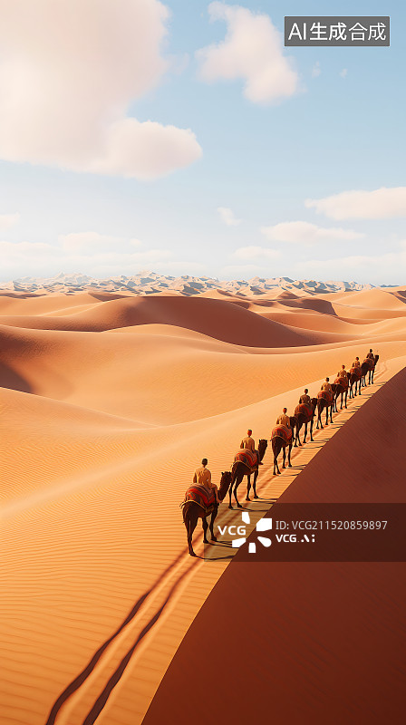 【AI数字艺术】白昼沙漠中行走的骆驼商队3d场景图片素材