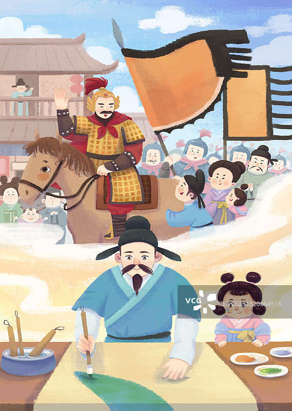 手绘古风男子画画与将军胜仗归来画面梦幻场景图片素材