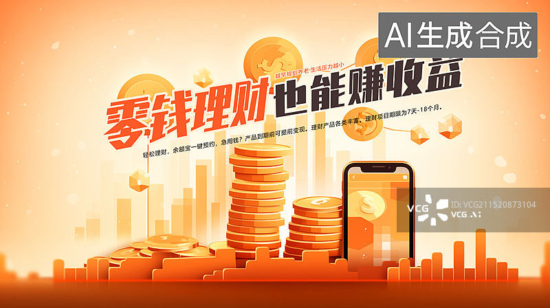 【AI数字艺术】养老投资，零钱理财赚收益插画海报模版，B端图标 储蓄理财概念 金币和手机支付，线下理财，储蓄概念图片素材