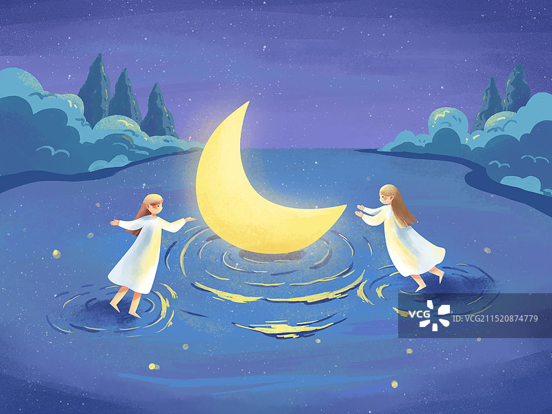 河中月亮两个白衣裙女孩图片素材
