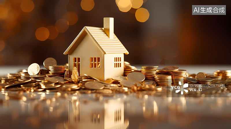 【AI数字艺术】桌子上的模型房子和金币的特写镜头图片素材
