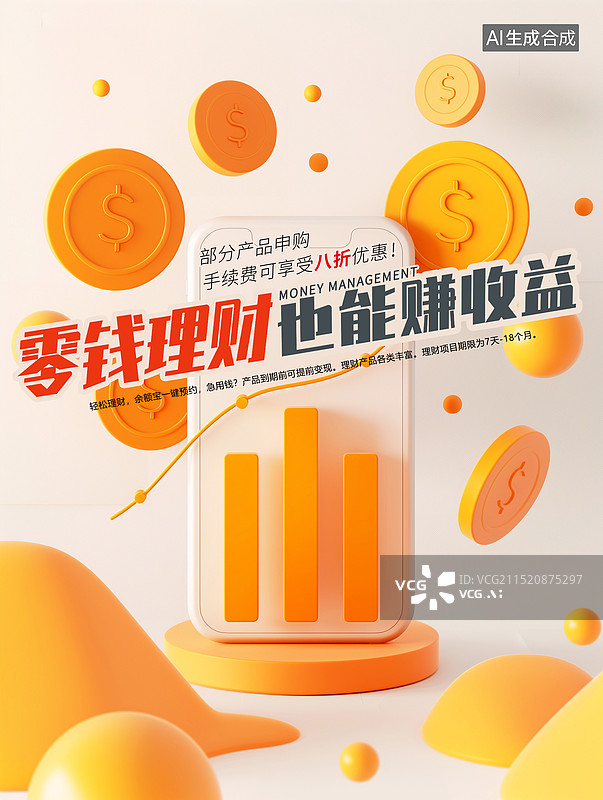 【AI数字艺术】养老投资，零钱理财赚收益插画海报模版，B端图标 储蓄理财概念 金币和手机线上支付，线下理财，储蓄概念图片素材