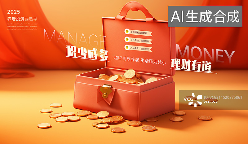 【AI数字艺术】养老投资，春节圣诞节包装的礼物盒插画、金融贷款插画海报模版，储蓄理财概念 散落的金币，储蓄概念 竖版图片素材