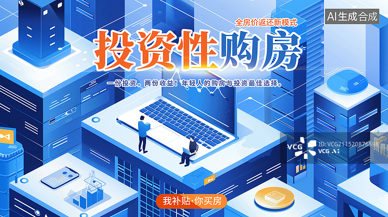 【AI数字艺术】购房养老投资，房地产主题海报模版，电脑金融贷款插画，储蓄理财概念 楼市买房投资，房地产投资升值 横图片素材