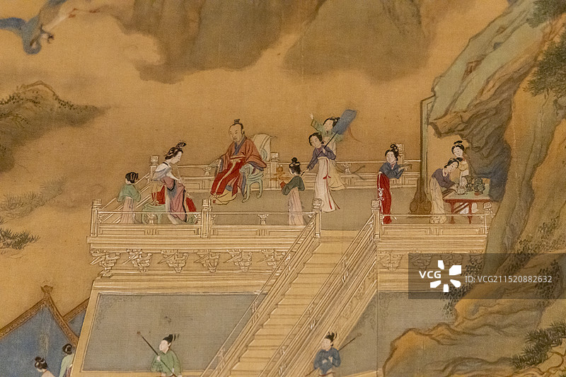 北京“故宫博物院藏历代人物画特展”：明 仇英 吹箫引凤图页（绢本，设色；典出《列仙传》）图片素材