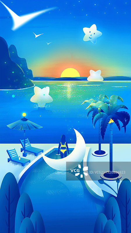 度假的人夜晚的的大海和星空海报图片素材