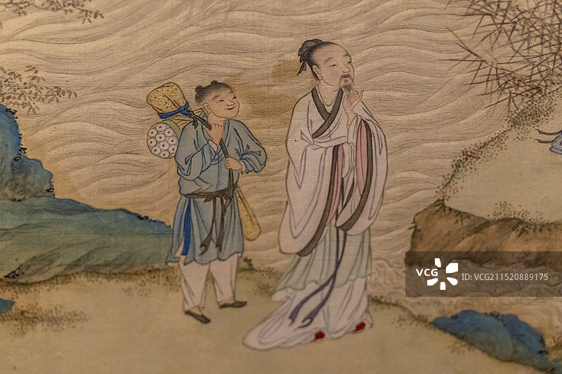 北京“故宫博物院藏历代人物画特展”：清 范雪仪 人物故事图册（绢本，设色；典出《列仙传》）图片素材