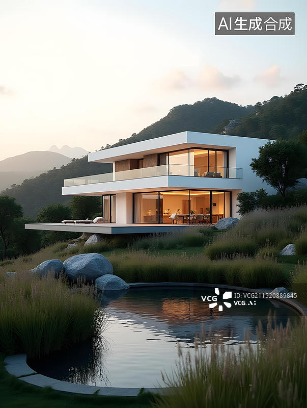 【AI数字艺术】山坡上的现代住宅图片素材