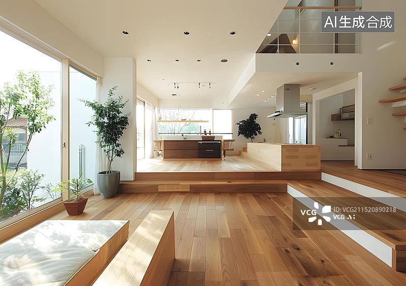 【AI数字艺术】现代简约开放式住宅室内设计 木地板图片素材