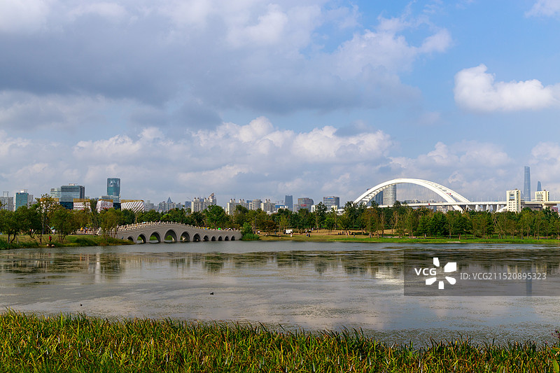 世博文化公园双子山景色，瀑布中心湖，山顶远眺城市景色图片素材