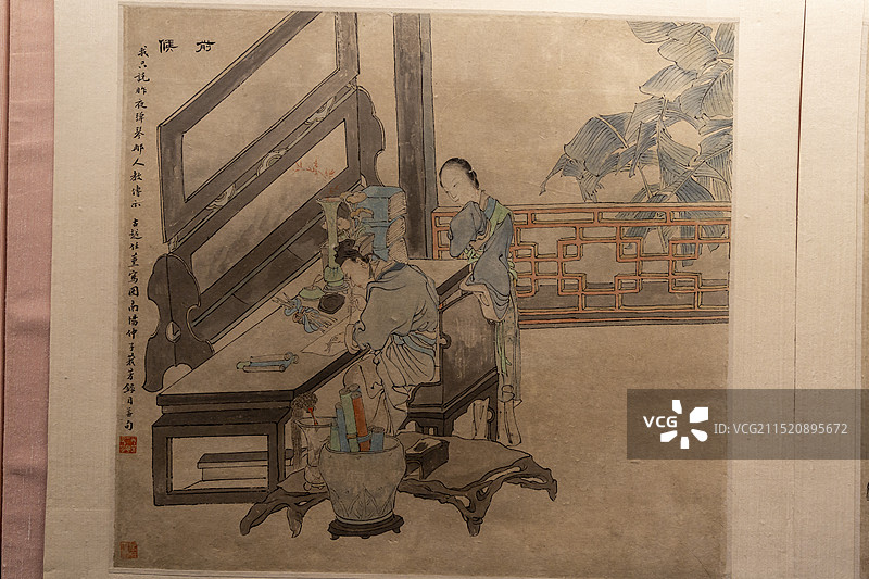 北京“故宫博物院藏历代人物画特展”：清 任薰 西厢记图册（纸本，设色；绘《西厢记》故事）图片素材