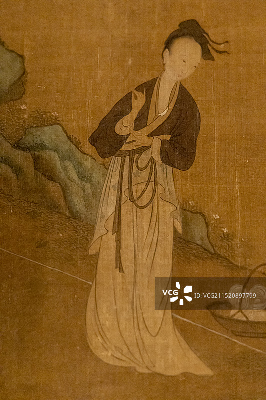 北京“故宫博物院藏历代人物画特展”：清 佚名 西施浣纱图页（绢本，设色）图片素材