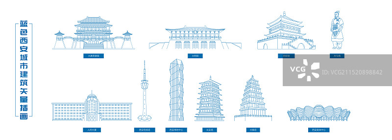 西安城市建筑现代科技剪影线稿矢量插画海报图片素材