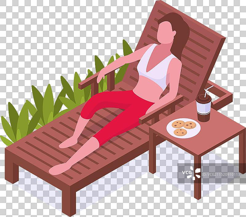 2.5D女子在避暑小屋的日光浴床上放松图片素材