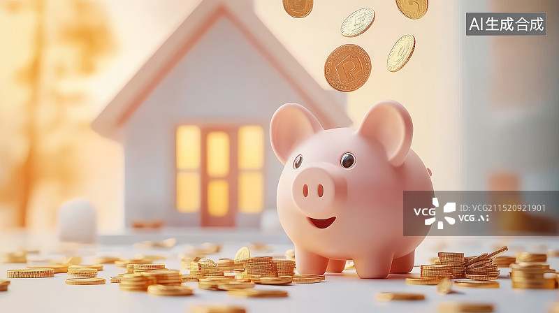 【AI数字艺术】金币、房子模型和金猪存钱罐，房贷概念图片素材