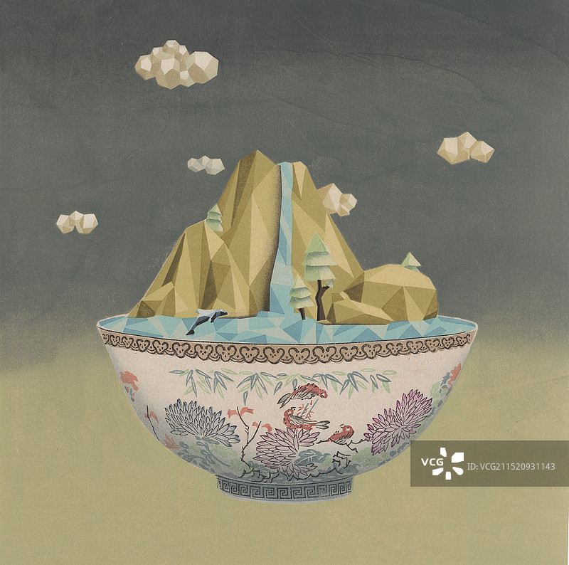 木刻水印《“戏“山水-食山》图片素材