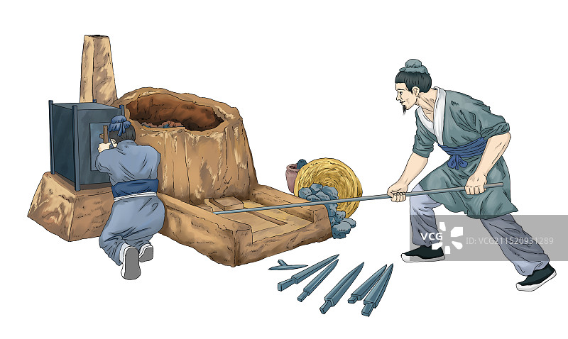 古代工人打铁炼铁铸铁流程图图片素材