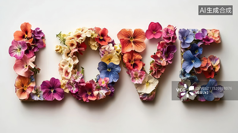 【AI数字艺术】由鲜花组成的LOVE字体符号背景图片素材