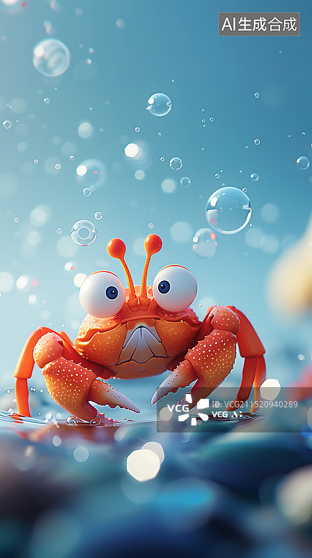 【AI数字艺术】蓝色背景下的螃蟹特写镜头，卡通图片素材