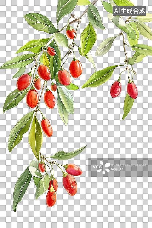 【AI数字艺术】植物中药之枸杞，手绘水彩药材枸杞子，手绘中药材枸杞，红色,浆果,枸杞,农业,插画图片素材