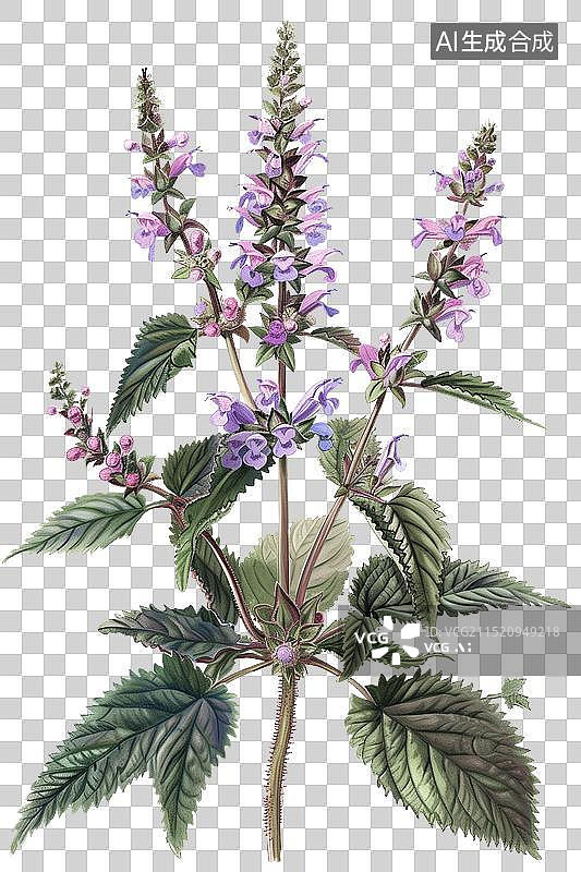 【AI数字艺术】八角草(八角牛膝草)，高茎上有紫色的花和绿色的叶子，丹参,猫薄荷,中草药丹参开花,鼠尾草花，一株草药图片素材
