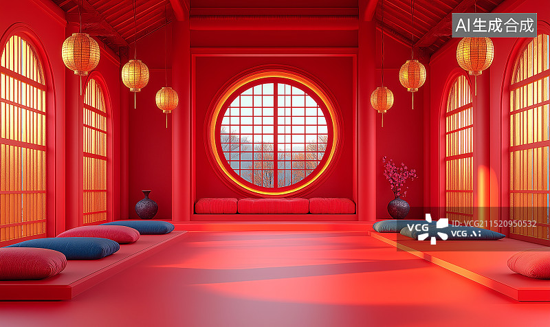 【AI数字艺术】中国风建筑红墙门窗图片素材