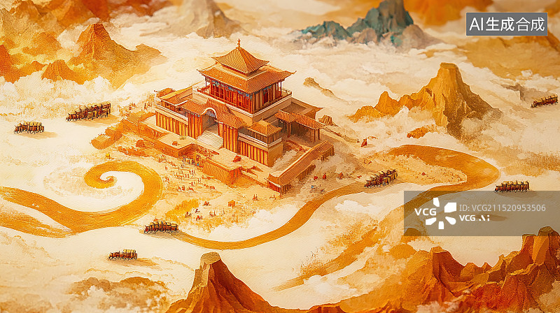 【AI数字艺术】国风丝绸之路插画图片素材