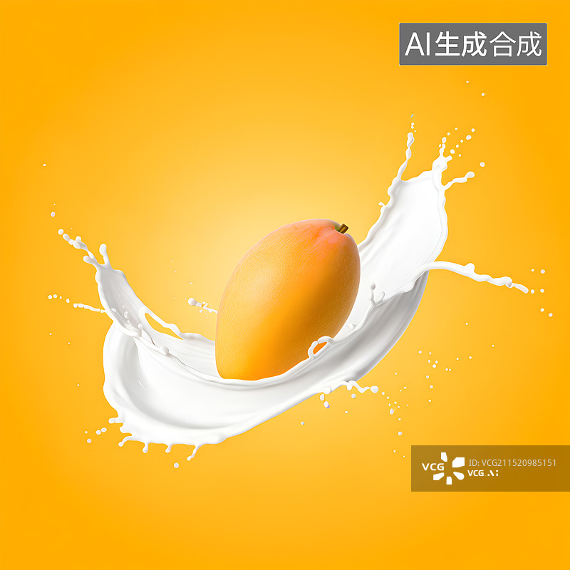 【AI数字艺术】黄色背景上飞贱的牛奶和芒果图片素材