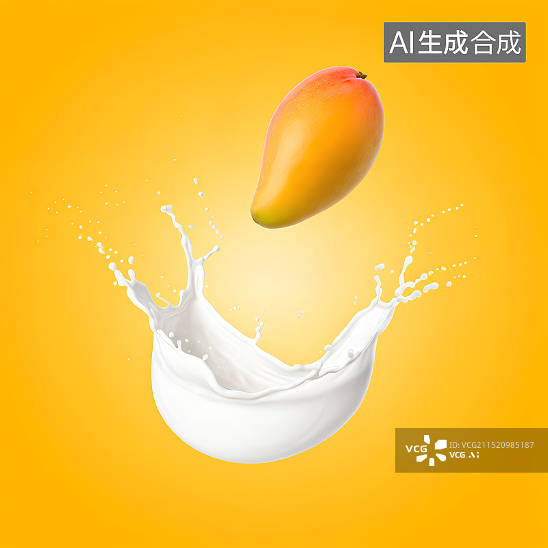 【AI数字艺术】黄色背景上飞贱的牛奶和芒果图片素材